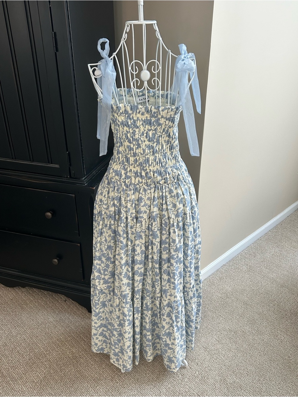 En Saison Blue and Cream Smocked Maxi Dress with Tie Straps size medium